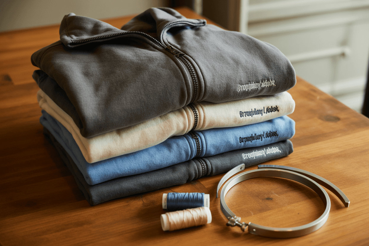 Folded charcoal, cream, and sky-blue hoodies and quarter-zips on a wooden table with an embroidery hoop