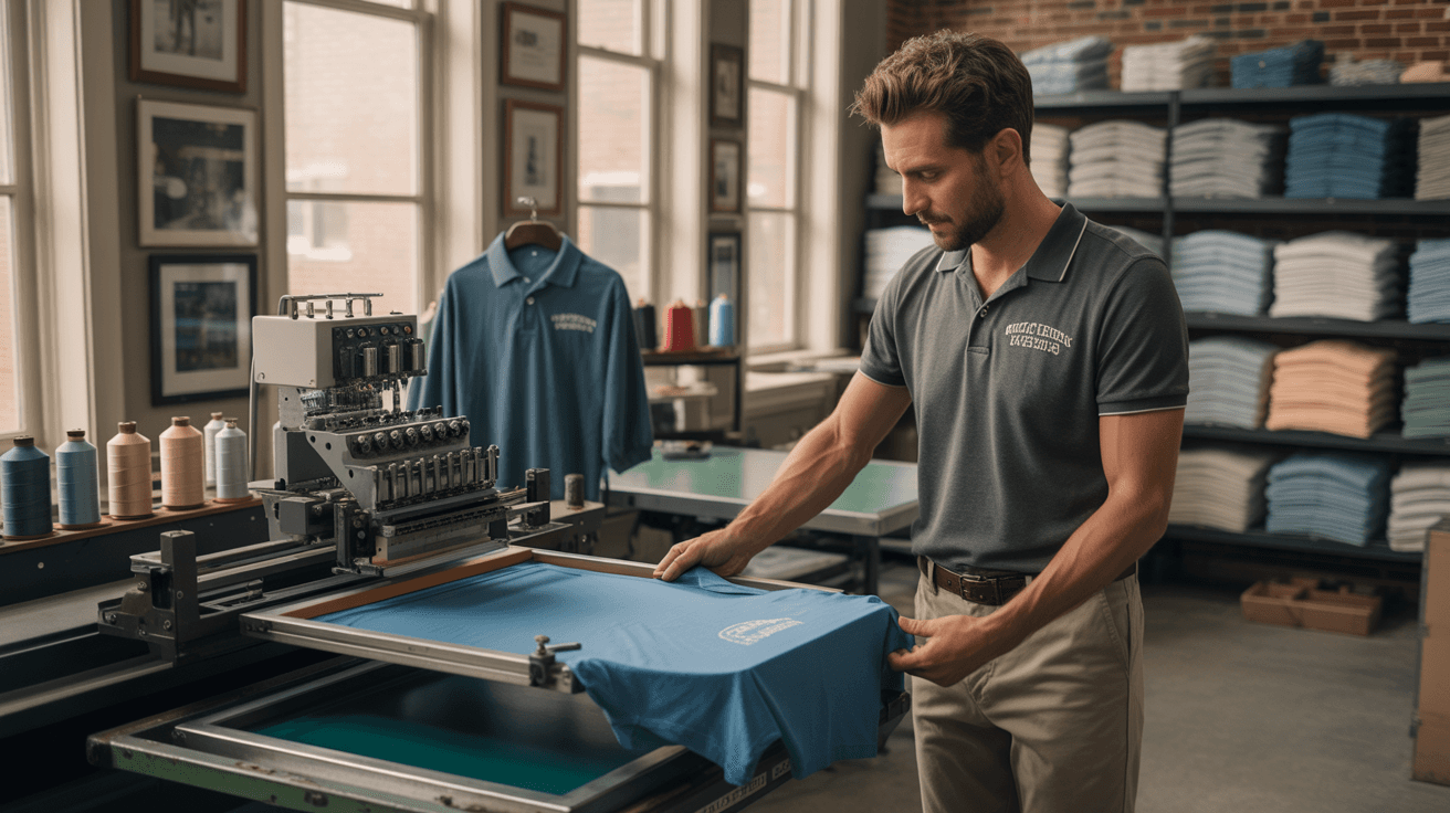 A craftsperson loading a fresh sky-blue tee onto a manual screen-printing press in Bright Way's in-house Mount Holly print and embroidery shop, with an industrial embroidery machine and racks of folded apparel in the background