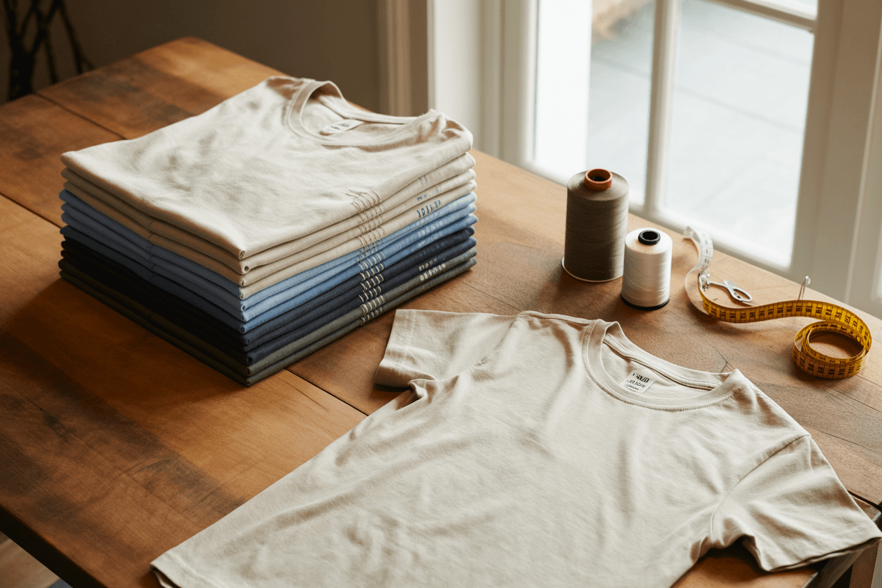 Stack of folded sky-blue, cream, and charcoal cotton t-shirts on a wooden table beside embroidery thread spools