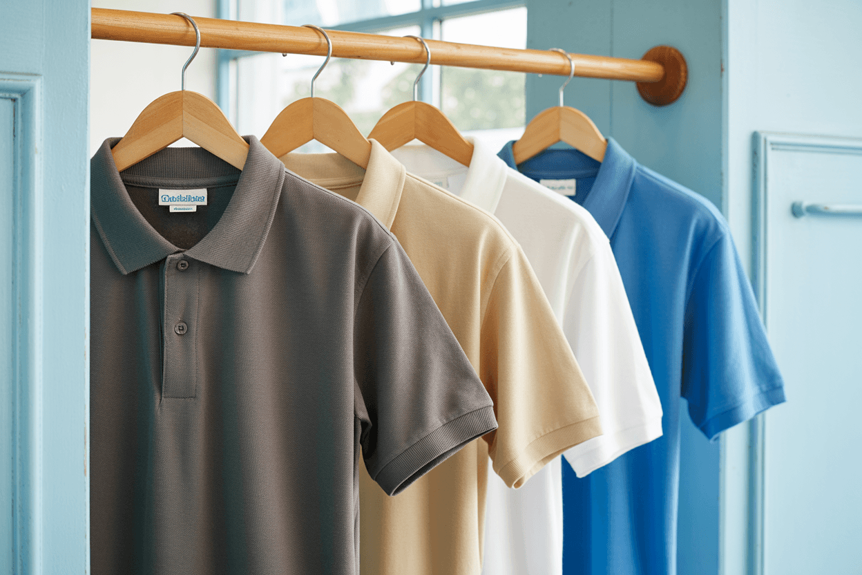 Row of crisp embroidered-ready polo shirts on wooden hangers in front of a soft sky-blue painted wall