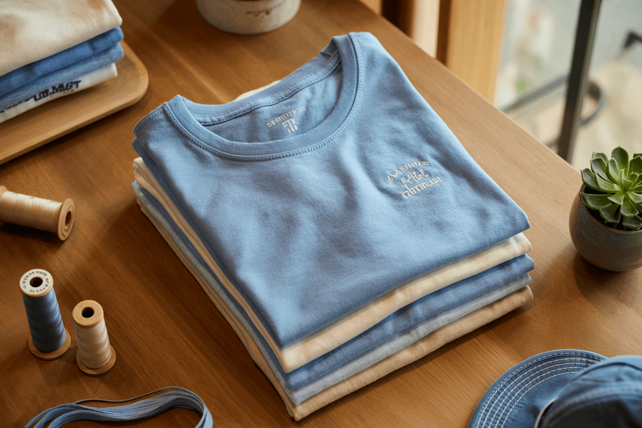 Stack of folded sky-blue and cream tees with embroidery thread spools