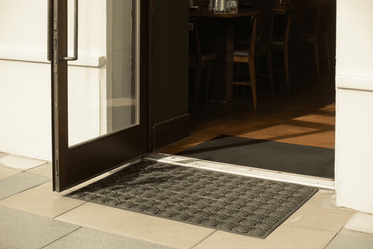 Charcoal walk-off floor mat just inside a sunlit restaurant entryway