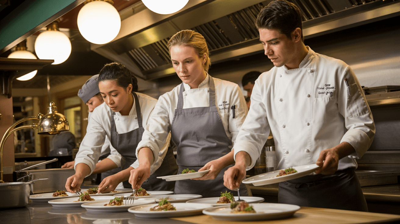 Restaurant kitchen brigade in white chef coats and gray bistro aprons working a stainless-steel pass