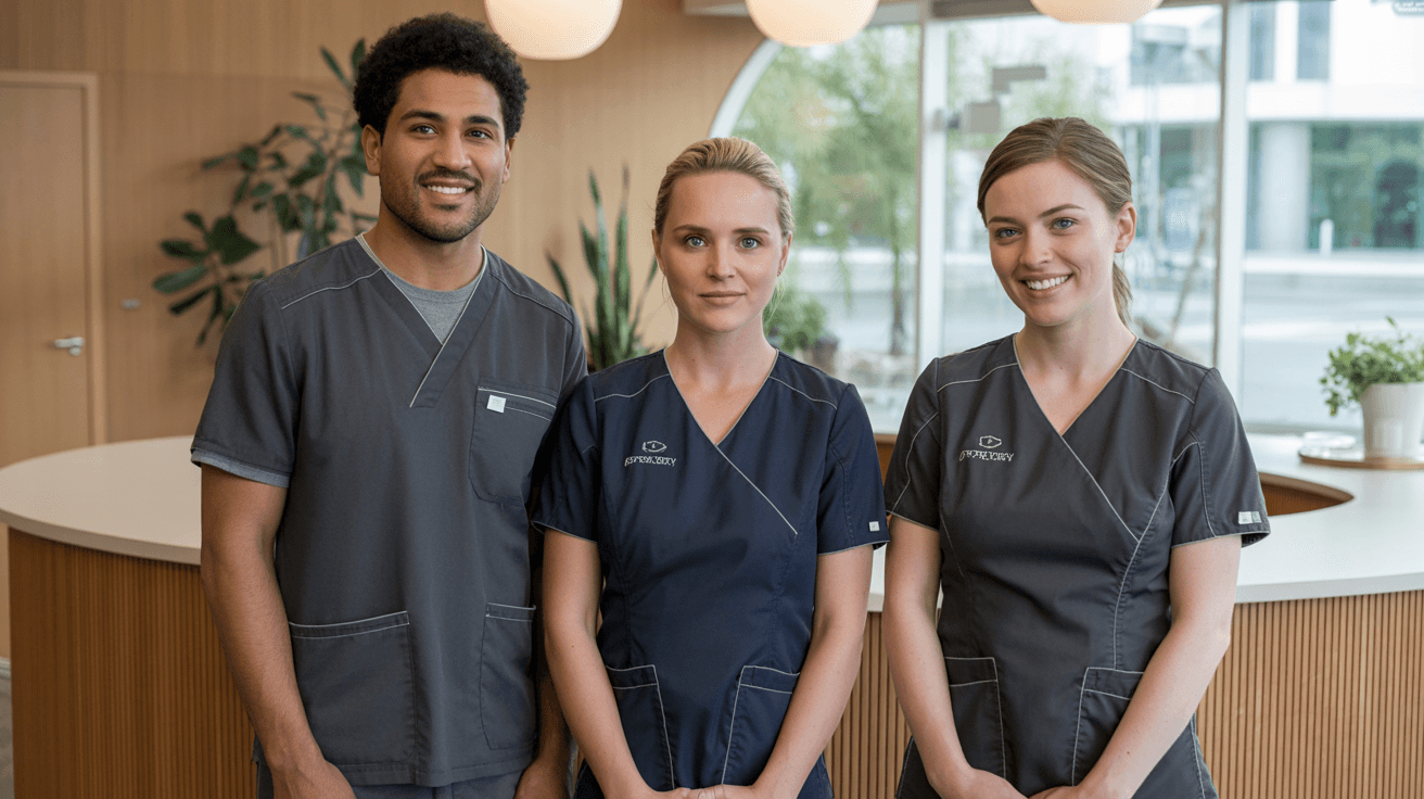 Friendly non-clinical dental office team in clean charcoal scrubs at a modern reception area
