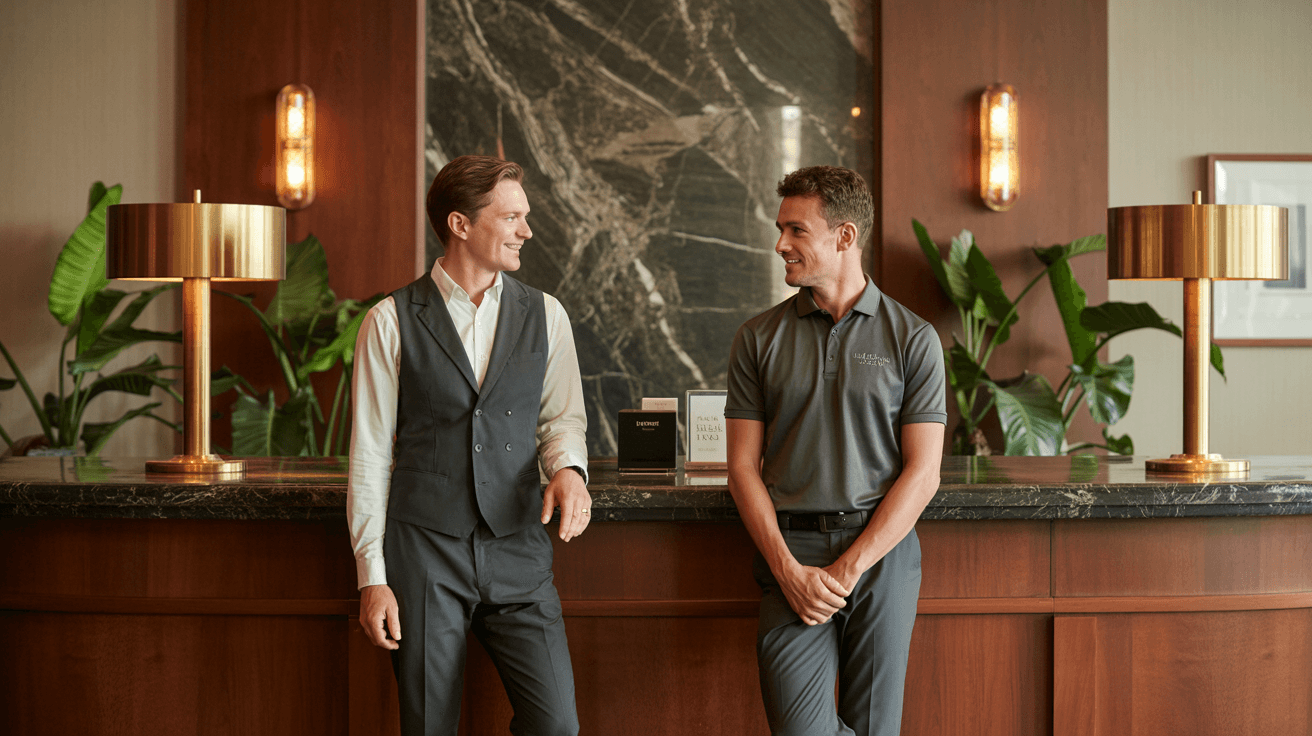 Boutique hotel lobby with two friendly staff at a polished wooden concierge desk