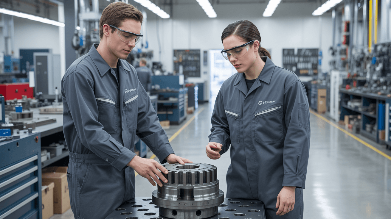 Manufacturing floor with two workers in matching charcoal coveralls inspecting a machined part